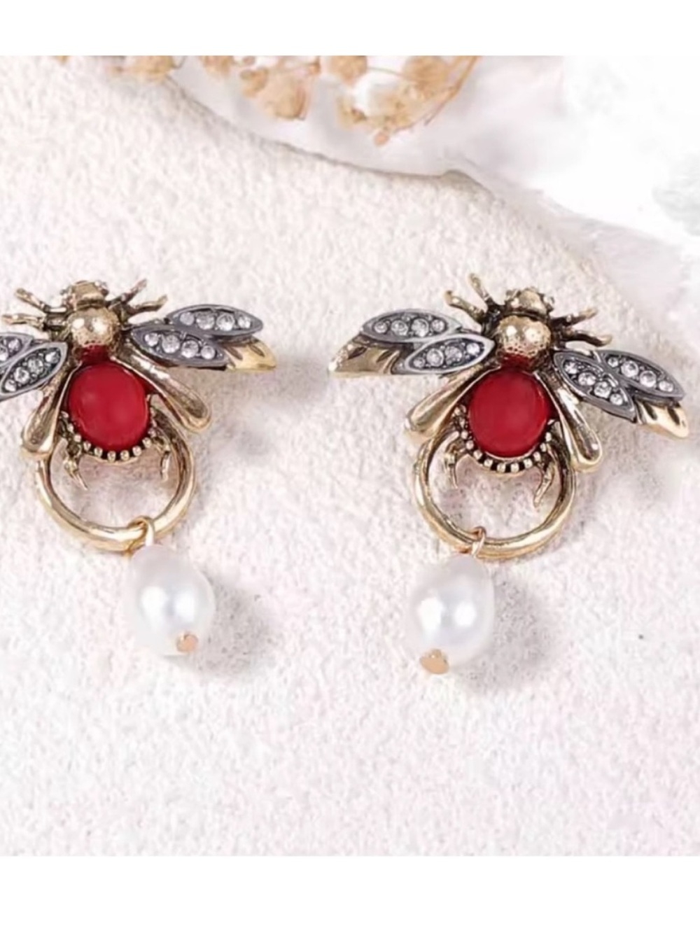 Vintage Gold Bee Earrings with Red Stone and Pearl Drop - Picture 2 of 4